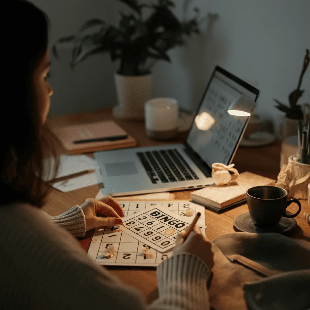 Image showing a colorful bingo card with tasks like 'Write 500 words,' 'Exercise,' and 'Respond to emails' marked off, set on a desk with a laptop, notebook, and coffee cup, illustrating the concept of bingo patterns for productivity.