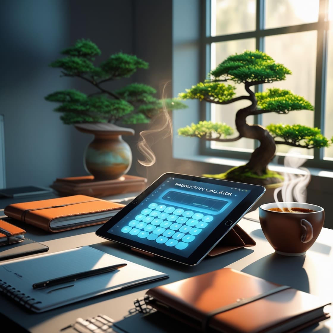 A modern workspace featuring a Productivity Calculator app on a laptop, a notebook, and a cup of coffee, symbolizing efficiency and productivity.