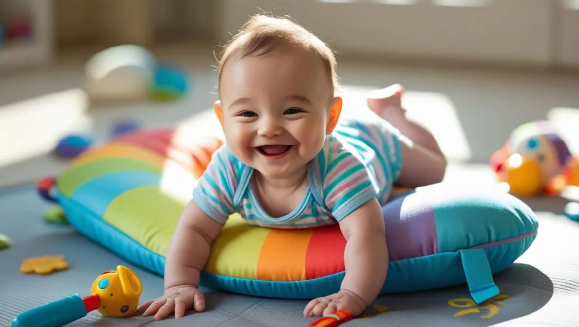 A smiling baby using a tummy time pillow to strengthen muscles during playtime, surrounded by toys on a soft play mat.