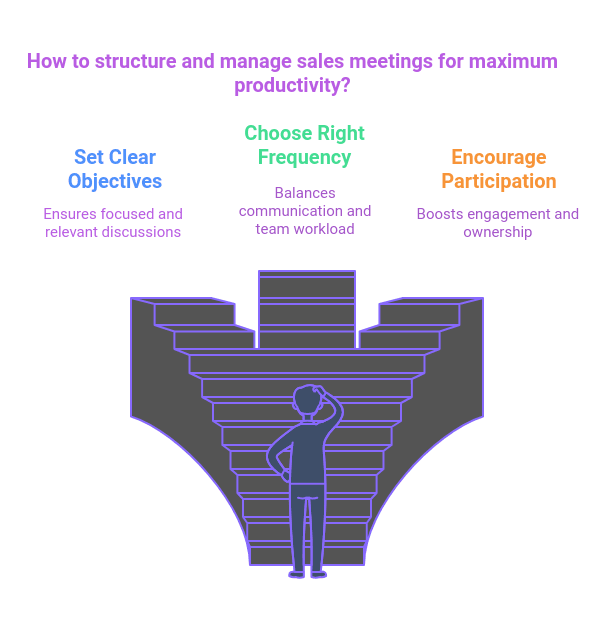 nfographic illustrating the importance of effective sales meetings, featuring key principles like setting clear objectives, appropriate meeting frequency, and encouraging team participation.
